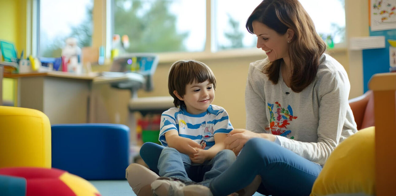 BCBA sitting on the floor, smiling and interacting with a child during ABA therapy session.