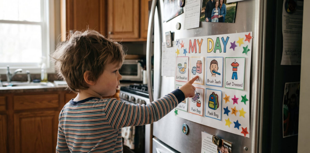 Child with autism using a visual daily routine chart.