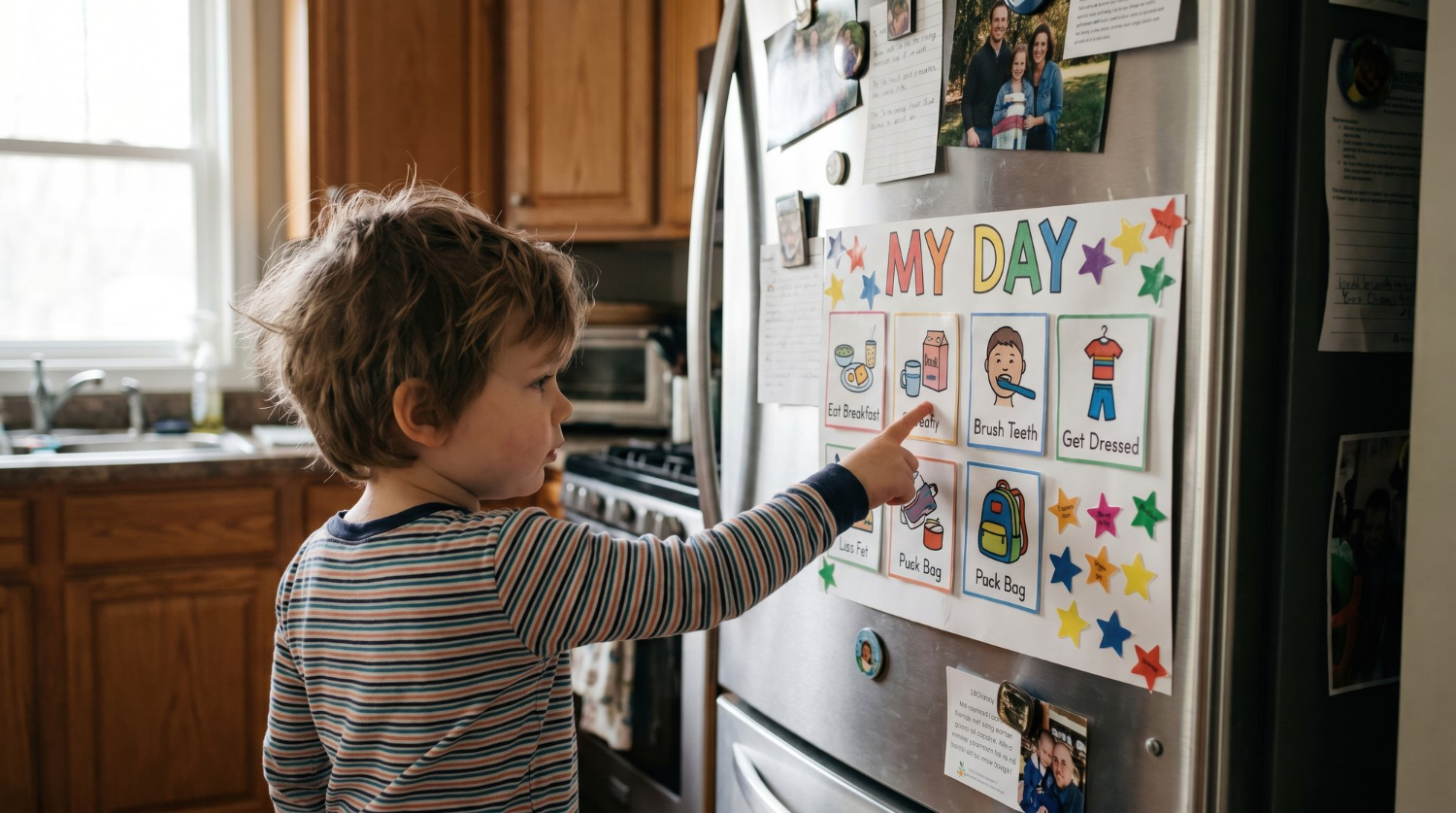 Child with autism using a visual daily routine chart.