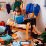 Autistic boy playing with his table in a bedroom.
