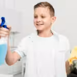 Smiling young boy holding cleaning supplies while learning household chores.