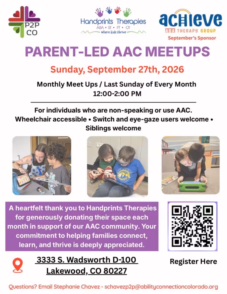 Parent-Led AAC Meetup flyer for September 27, 2026, sponsored by Achieve ABA
